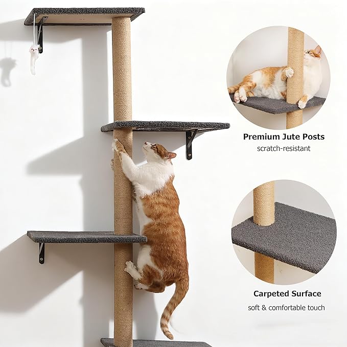 Cat Tree Wall Mounted,Tall Scratching Post for Indoor Cats Climbing Tower Activity Wood Cat Wall Furniture (Grey)