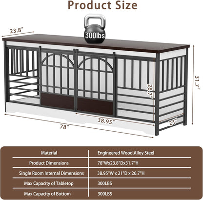 78 Inch Double Dog Crate Furniture, Extra Large Dog Kennel Indoor with Divider, Heavy Duty Dog Cage for 2 Dogs, Decorative Wooden Dog House Decorative Table TV Stand, Pet House for XLarge Dogs,White