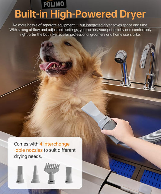 polimo Dog Washing Station with Dryer & LED, Professional Stainless Steel Grooming Tub, Dog Bathtub for Large, Medium & Small Dog, w/Window, Ramp, Drawer, Floor Grate &Fauct (Right RAMP & Dryer, 50")
