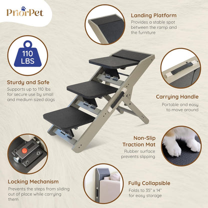 Dog Steps for Bed & Couch 2-in-1 Dog Stairs/Ramp - Height Adjustable Dog Ramp for Couch 7” - 20” - Pet Stairs, Dog Stairs for Small Dogs - Easy to Move Pet Steps with Landing Platform, Gray - Pawvie