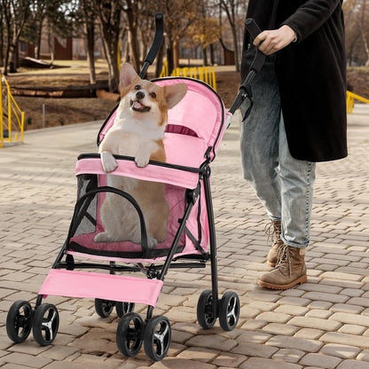 MoNiBloom 4 Wheels Pet Stroller, Easy-Fold Puppy Cage Jogger Stroller with Sun Cover, Pad and Rear Storage Bag, Breathable and Visible Mesh for Small/Medium Pets up to 22 lbs, Pink - Pawvie