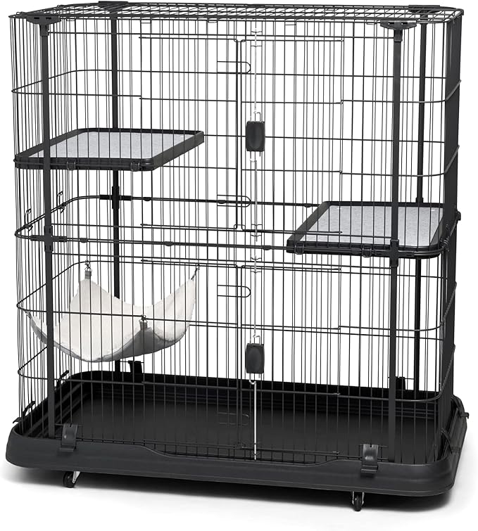 Prevue Pet Products Deluxe Cat Home - Cat Cage Home with 3 Levels, Spacious Indoor Pen, Includes Hammock, Durable & Easy to Clean Kennel, with Rolling Wheel Casters - Black