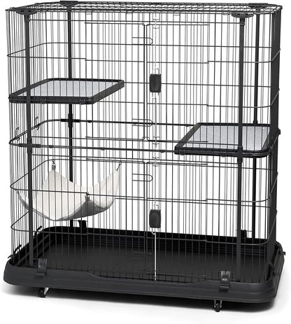 Prevue Pet Products Deluxe Cat Home - Cat Cage Home with 3 Levels, Spacious Indoor Pen, Includes Hammock, Durable & Easy to Clean Kennel, with Rolling Wheel Casters - Black