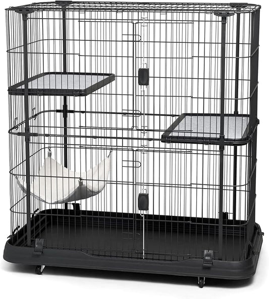 Prevue Pet Products Deluxe Cat Home - Cat Cage Home with 3 Levels, Spacious Indoor Pen, Includes Hammock, Durable & Easy to Clean Kennel, with Rolling Wheel Casters - Black