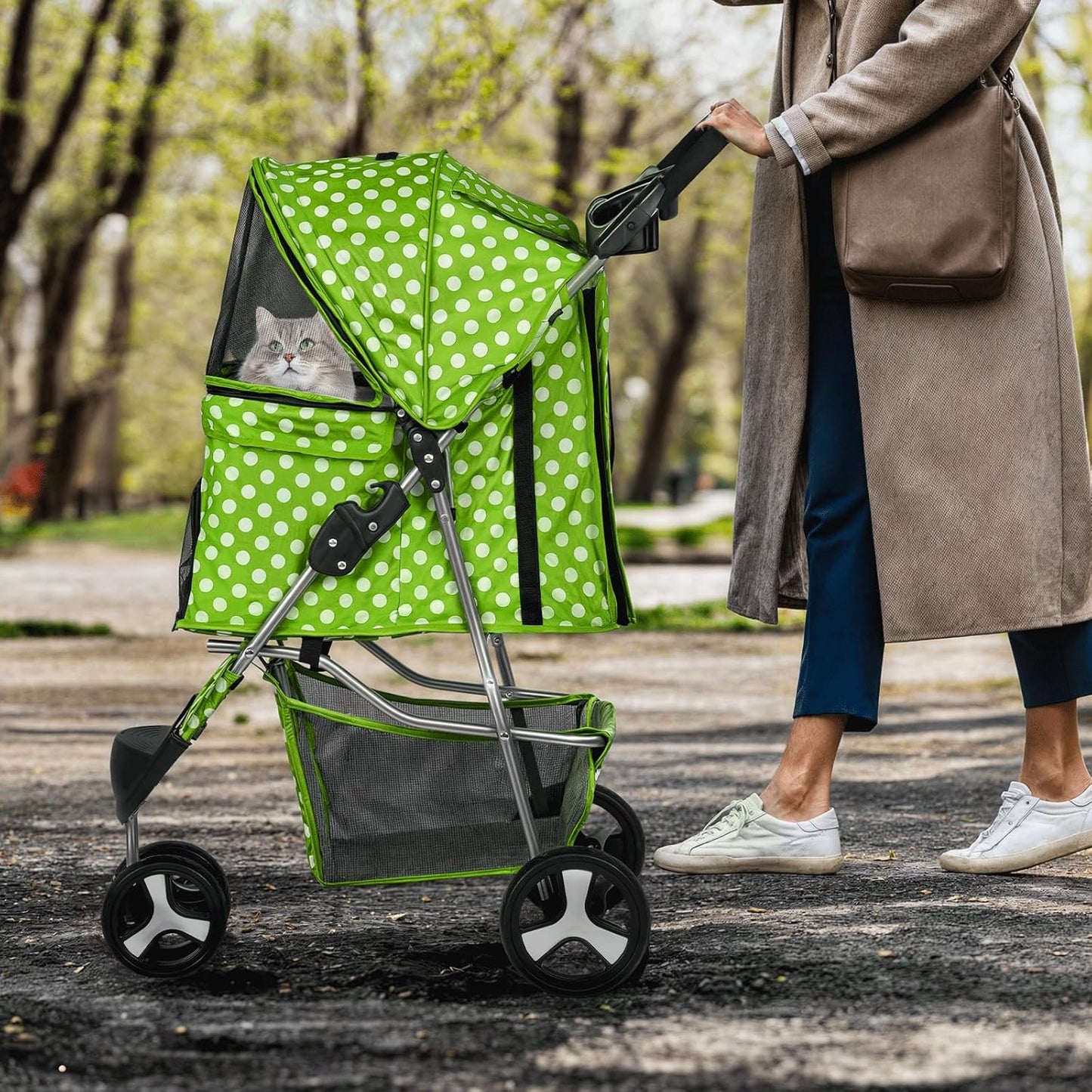 MoNiBloom 3 Wheels Pet Dog Cat Stroller for Small Medium Dogs Cats, Foldable Jogger Stroller w/Storage Basket and Cup Holder, Lawn Green Polka Dots - Pawvie