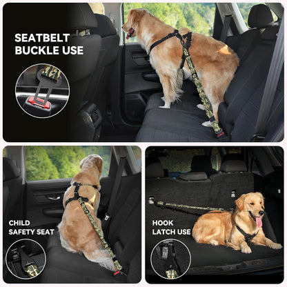 Pawaboo Dog Seatbelt for Car, 3-in-1 Dog Seat Belt Bungee, Shockproof Dogs Tether with Buckle&Hook Latch, Adjustable Reflective Dogs Cars Harness Leash with 360° Lockable Buckle, Army Green Camouflage