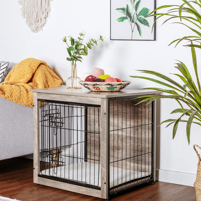 DWANTON Dog Crate Furniture with Cushion, Wooden Kennel Table with Double Doors, Indoor Dog House, Small/Medium/Large/Extra Large Size, 27.2" L, Greige