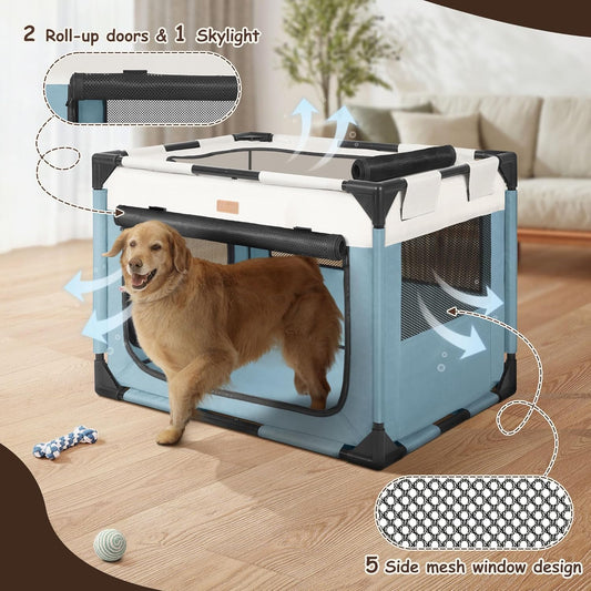 Dog Crate - Soft Pet Kennel for Dogs/Cats, 3-Door Breathable Travel Cage with Mesh Window, Portable Dog Kennel for Indoor & Outdoor,Blue-M