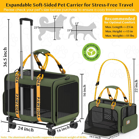 PAWZIDEA Expandable Pet Carrier with Wheels, 24x16x16in Large Cat Carrier for 2 Cats, Soft-Sided Dog Carriers for Small Medium Dog, Collapsible Rolling Travel Bag w/Telescopic Handle, XL Stroage Bag - Pawvie