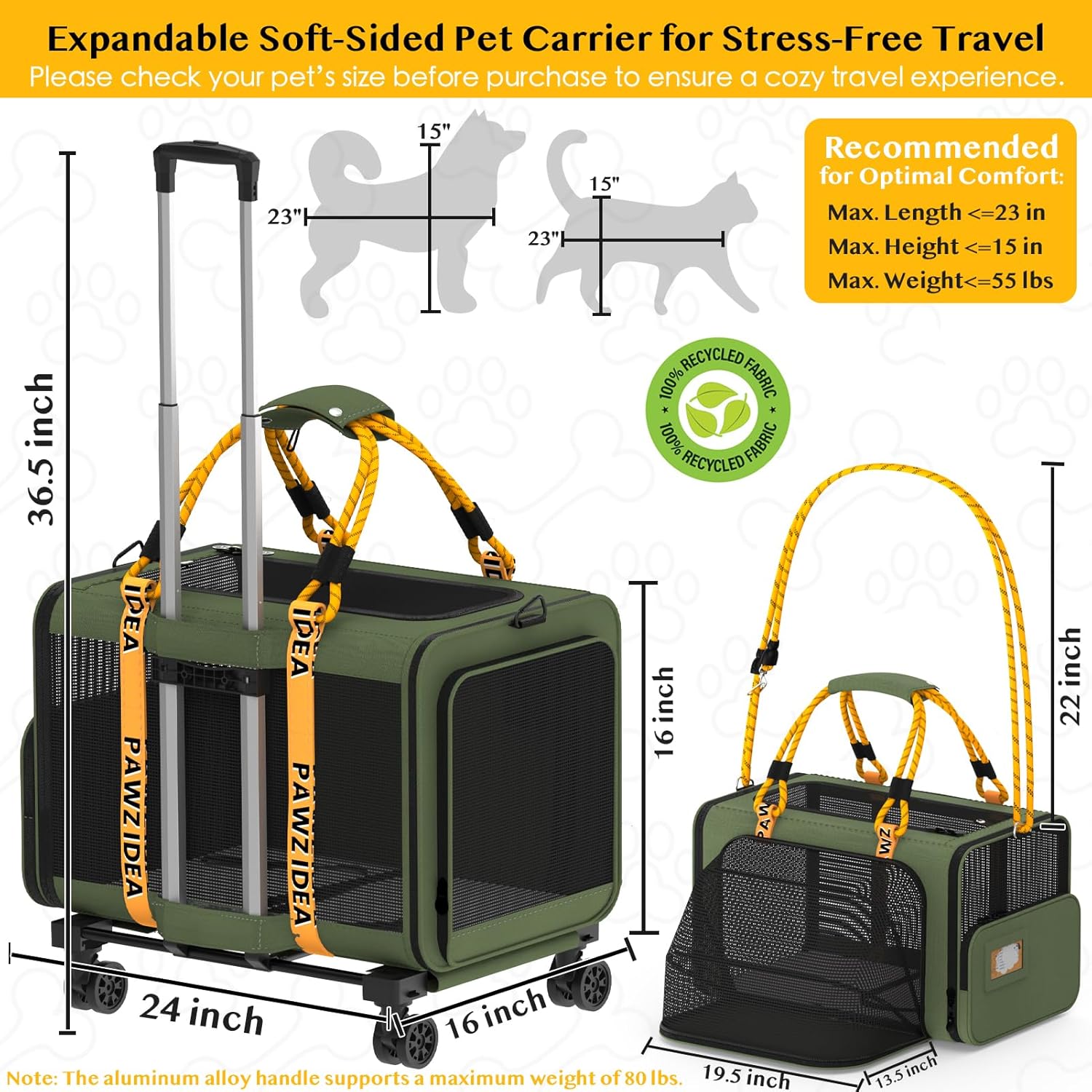 PAWZIDEA Expandable Pet Carrier with Wheels, 24x16x16in Large Cat Carrier for 2 Cats, Soft-Sided Dog Carriers for Small Medium Dog, Collapsible Rolling Travel Bag w/Telescopic Handle, XL Stroage Bag - Pawvie