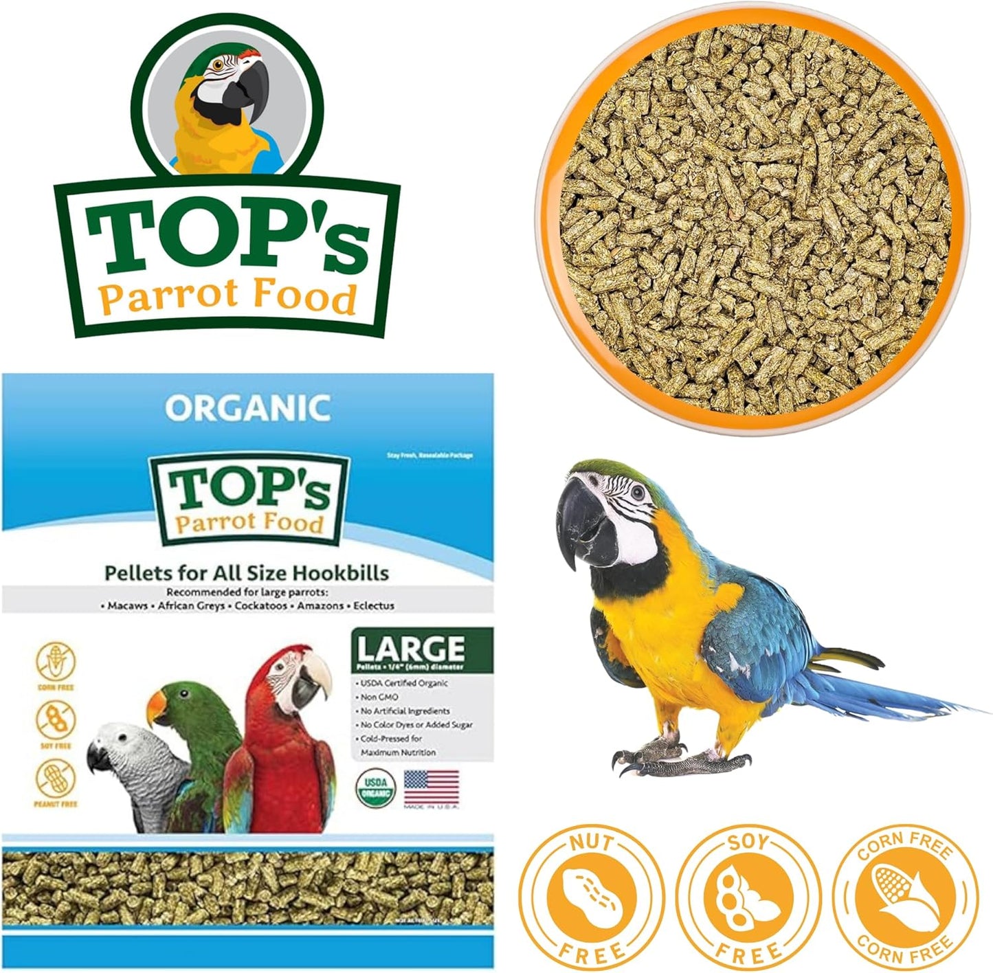TOP's Parrot Food Pellets Hookbills, Small, Medium and Large Parrots - Non-GMO, Peanut Soy & Corn Free, USDA Organic Certified - 4 lb / 1.81 kg