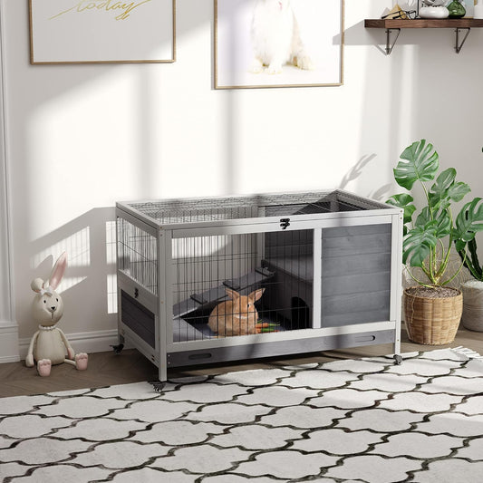 PawHut Wooden Rabbit Hutch Indoor Outdoor, Elevated Bunny Cage with No Leak Tray Enclosed Run with Wheels, Ideal for Guinea Pigs and Small Animals, Gray