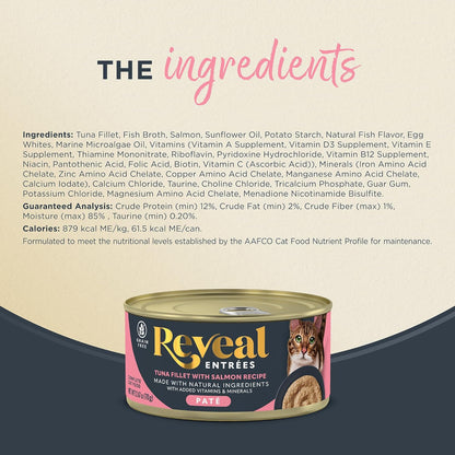 Reveal Entrées Natural Wet Cat Food Paté, Grain-Free with Added Vitamins & Minerals, Carrageenan-Free Tuna Fillet with Salmon Paté Recipe (24 x 2.47 oz Cans)