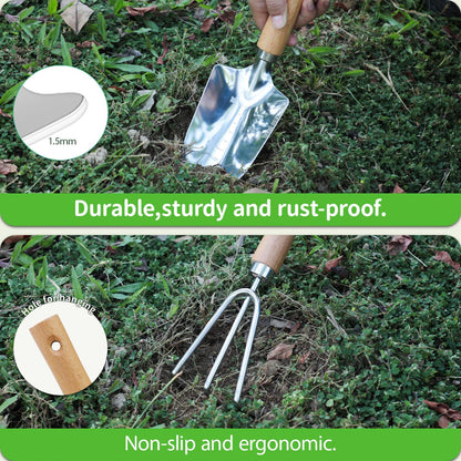 Garden Tool Set, 2 Pieces Stainless Steel Heavy Duty Garden Tools, Gardening Kit with Wooden Handle Garden Hand Tools, Durable Garden Tools for Gardening, Gardening Gifts for Women Men