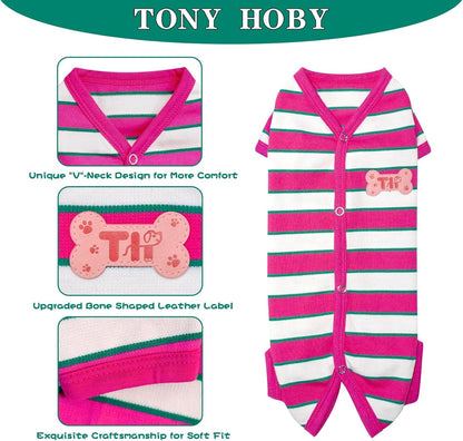 TONY HOBY Male Dog Pajamas, Dog Jumpsuit with Rose Red Stripe, Colorful Dogs Shirt for Small Medium Dogs (Rose Red&White, Boy, XL)