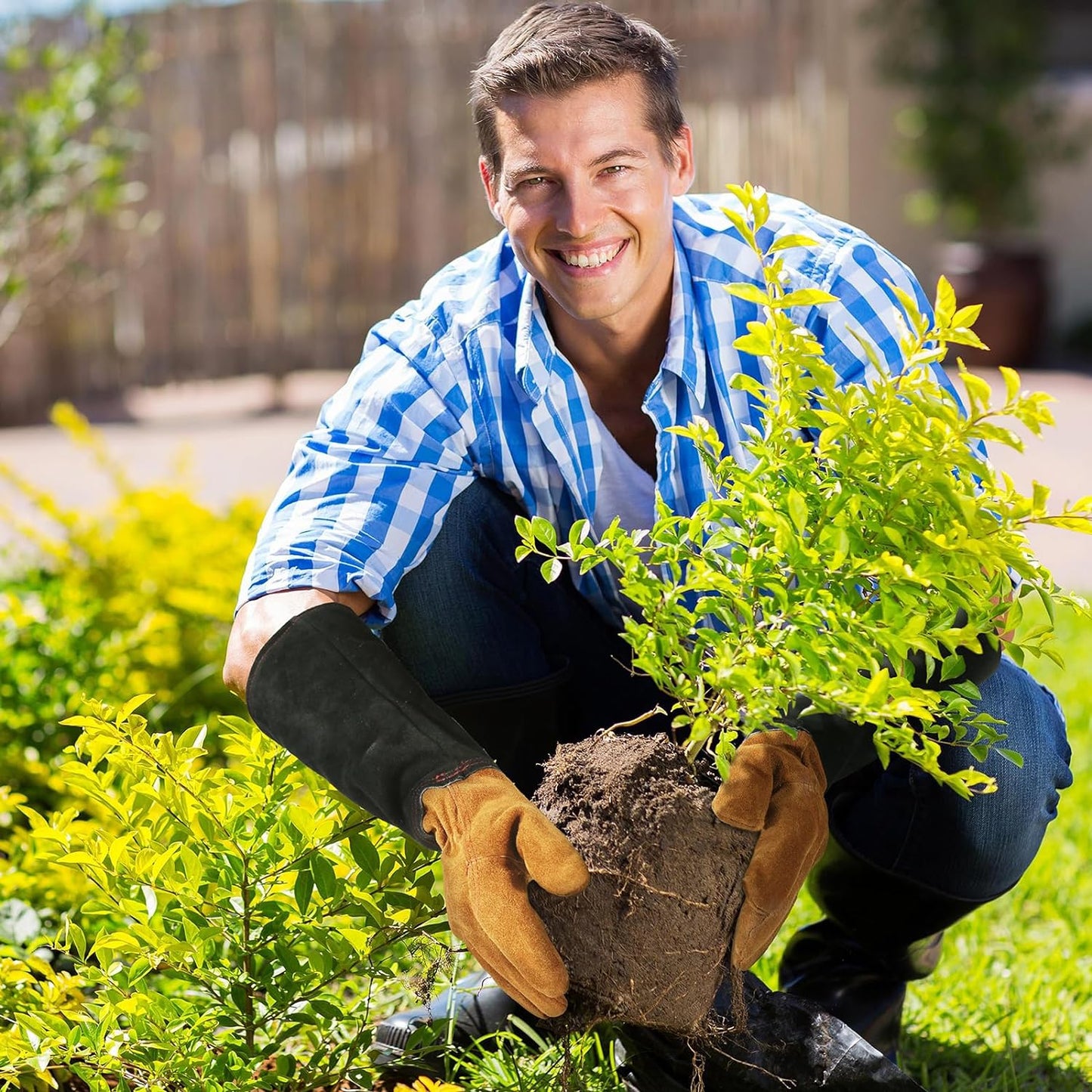HANDLANDY Leather Gardening Gloves for Men & Women, Rose Pruning Thorn Proof Garden Glove, Long Sleeve Gauntlet Gloves (Black-brown, X-Large (Pack of 1))