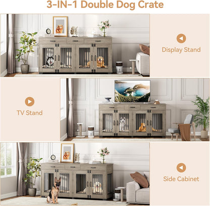 71 in Dog Crate Furniture for 2 Dogs, Wooden Double Dog Crate with 3 Drawers and Removable Room Divider, XXL Indoor Dog Kennel TV Stand End Table with Double Doors for Large Medium Dogs, Grey