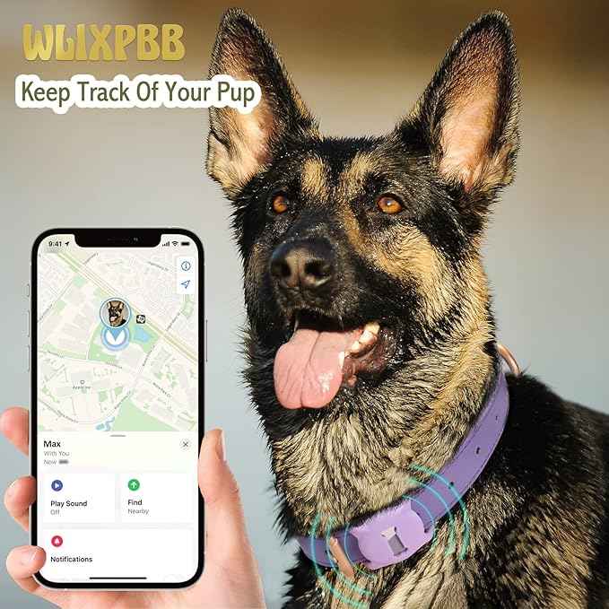Airtag Leather Dog Collar for Small Medium Large Dog Adjustable Soft Padded Air Tag Puppy Collar Heavy Duty Metal Buckle Collar with Anti-Lost Airtag Holder Protective Case,M,Purple