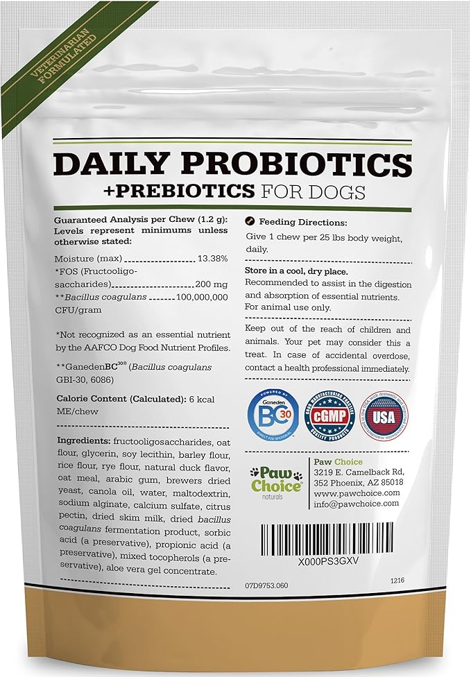 Paw Choice Probiotics for Dogs with Prebiotics - Daily Chews for Gut Health, Digestion, Regularity, and Immune Support - Natural Supplement Treat Made in USA