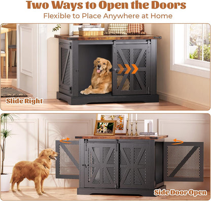 VOPEAK 40" Farmhouse Dog Crate Furniture, Heavy Duty Dog Cage for Medium Large Dogs, Dog Crate Dog Kennel Indoor with Double Doors, Chew Resistant End Table for Bedroom Living Room, Black