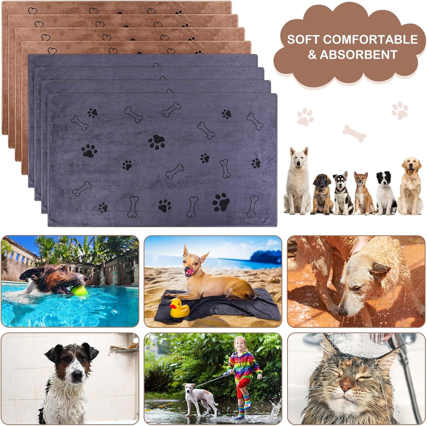 Chumia 8 Pcs Dog Towels for Drying Dogs Cats Pet Towels Bulk Puppy Microfiber Quick Drying Paw Bath Bathing Supplies Absorbent for Medium Pets(Brown, Gray,40 x 24 Inch)