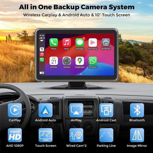 HD1080P Wired Backup Camera System with Apple Carplay & Android Auto,10'' Touch Screen Monitor, 2 Rearview Reverse Cameras, Night Vision, IP68-rated Backup Camera for Trucks, RVs, Trailers