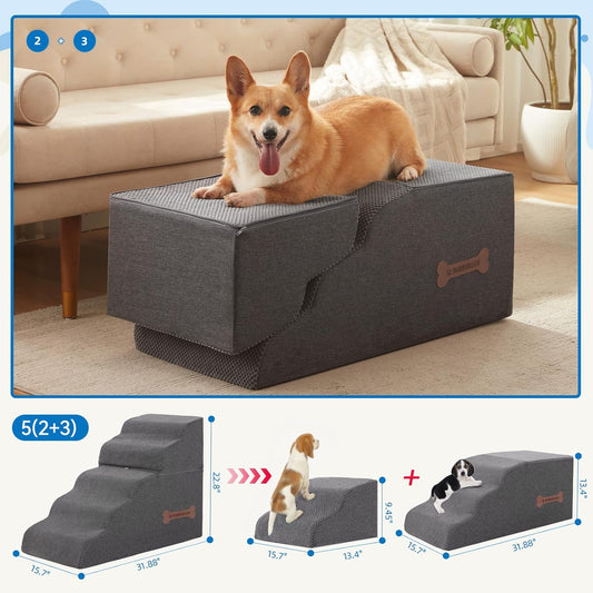 5-Step Spliceable Pet Stairs: Indoor& Outdoor Multi-Use with a Removable Cover and a Pocket, Best for Small Pets and Older Dogs Who Has Spine and Arthritis Issues to Get on High Beds, Grey(22.8" H