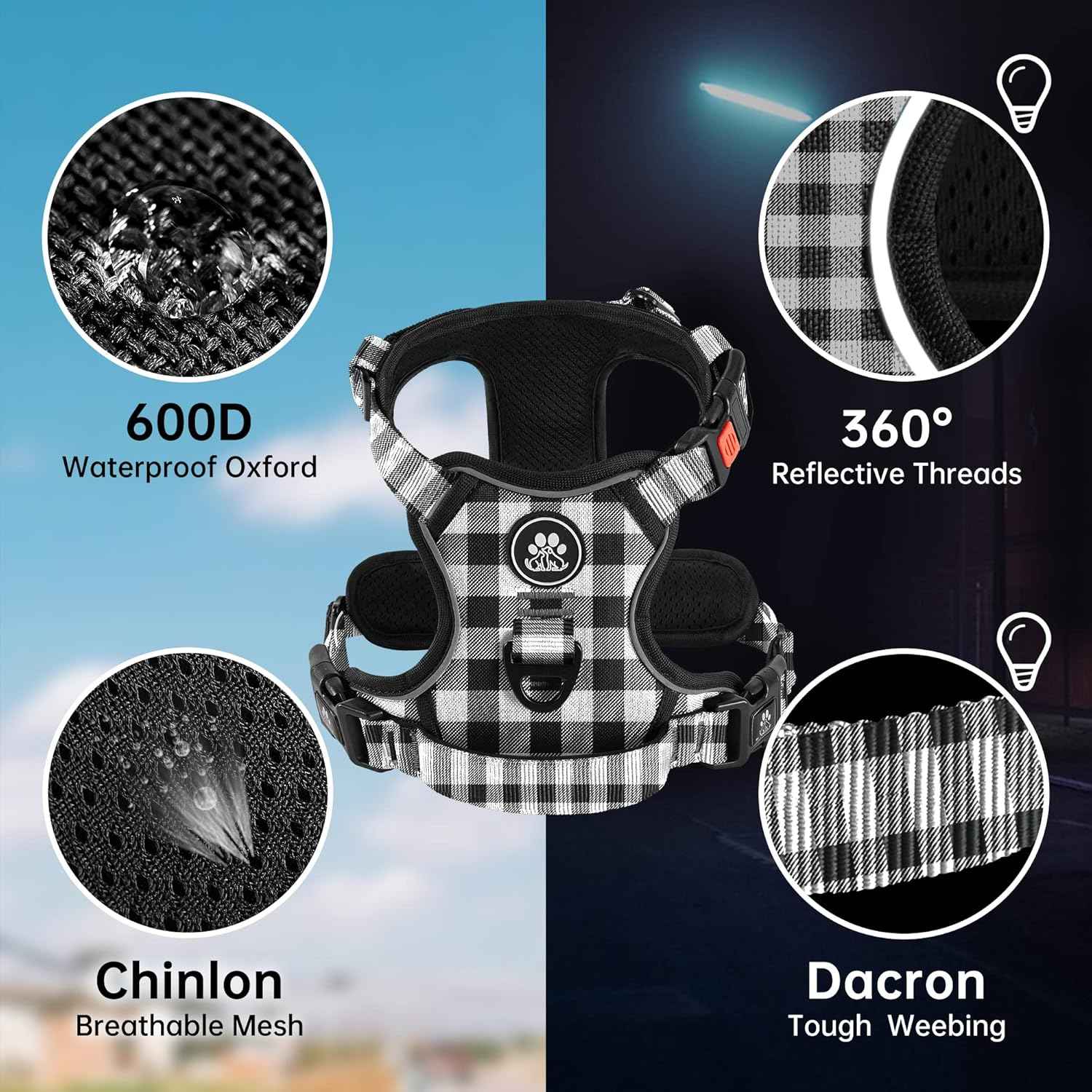 NESTROAD No Pull Dog Harness with Leash, Reflective No Choke Pet Vest Harness,Adjustable Soft Padded Dog Harness with Easy Control Handle for Large Dogs(Checkered Black,X-Large)
