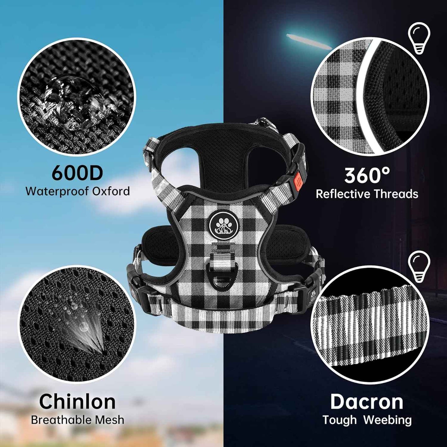 NESTROAD Dog Harness (Checkered Black,S) with Leash, Reflective, Adjustable, Soft Padded, Easy Control Handle, for Small Dogs, Front & Rear Clip Design