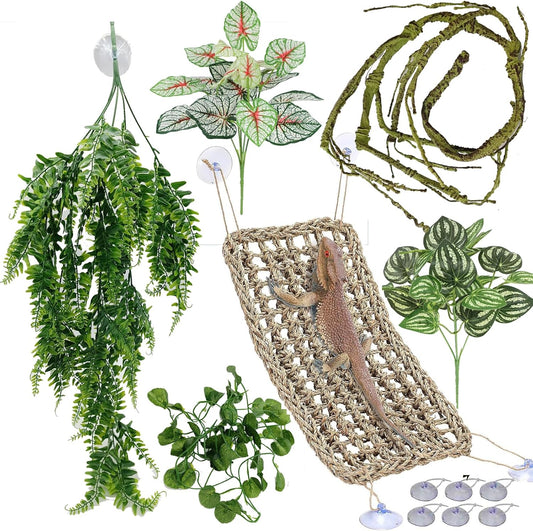 Reptile Plants for Bearded Dragon Tank Accessories, Terrarium Plant Artificial Decor for Snake Cage, Fake Plant for Leopard Gecko Habitat, Lizard Chameleon Ball Pythons (Group BPN)