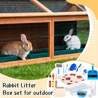 19 Pcs Rabbit Starter Kit Small Bunny Litter Box Animal Grooming Kit Water Bottle Bunny Toys Hay Feeder Bowl Blankets with Cleaning Set for Guinea Pig Rabbit Accessories (White)