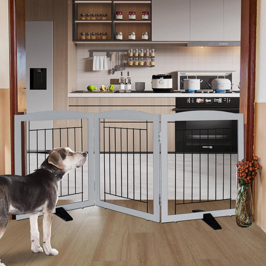 ZJSF Freestanding Dog Fence Indoor, Foldable Dog Gate for Doorways, Stairs or Hallways, Sturdy Wood Extra Wide Pet Gate with Support Feet for The House, Grey, 24 "Height-3 Panels