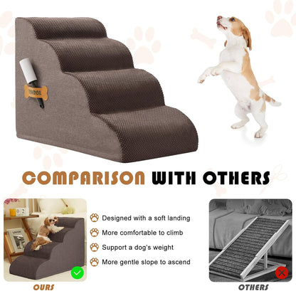 ROMROL Dog Stairs, Romrol Dog Steps Ramp for High Bed and Couch, Dog Ramp with Durable Non-Slip Waterproof Fabric Cover, Pet Stairs for Small Dogs and Cats or Pets Joints, 4-Tiers,Coffee - Pawvie