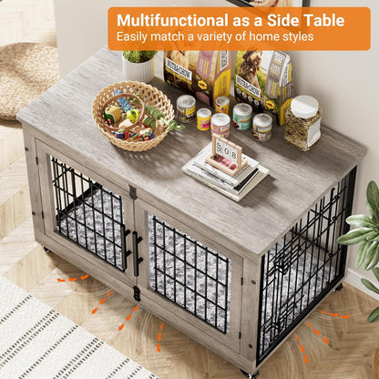 Lulive Large Dog Crate Furniture, 38'' Wooden Dog Crate End Table, Double Door Dog Kennel Indoor with Cushion & Wheels, Decorative Dog Cage House Chew-Resistant for Large/Medium, Grey