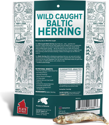 PLATO Pet Treats Fish Dog Treats - Air-Dried, Single Ingredient Dog Treat - with Omega 3 & 6 Fatty Acids to Support Skin and Coat - 100% Whole Fish - Wild Caught Baltic Herring Dog Treats - 8.5 oz