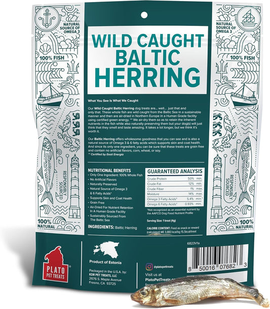 PLATO Pet Treats Fish Dog Treats - Air-Dried, Single Ingredient Dog Treat - with Omega 3 & 6 Fatty Acids to Support Skin and Coat - 100% Whole Fish - Wild Caught Baltic Herring Dog Treats - 8.5 oz