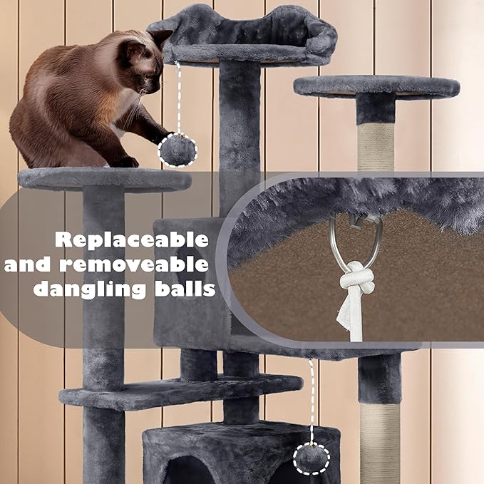 Yaheetech 54in Cat Tree, Multi-Level Cat Tower with Spacious Kitten-ear Perch, 2 Cozy Caves, Scratching Posts, Climbing Ladder, 2 Plush Balls, Durable Pet House Furniture for Indoor Kittens, Dark Gray
