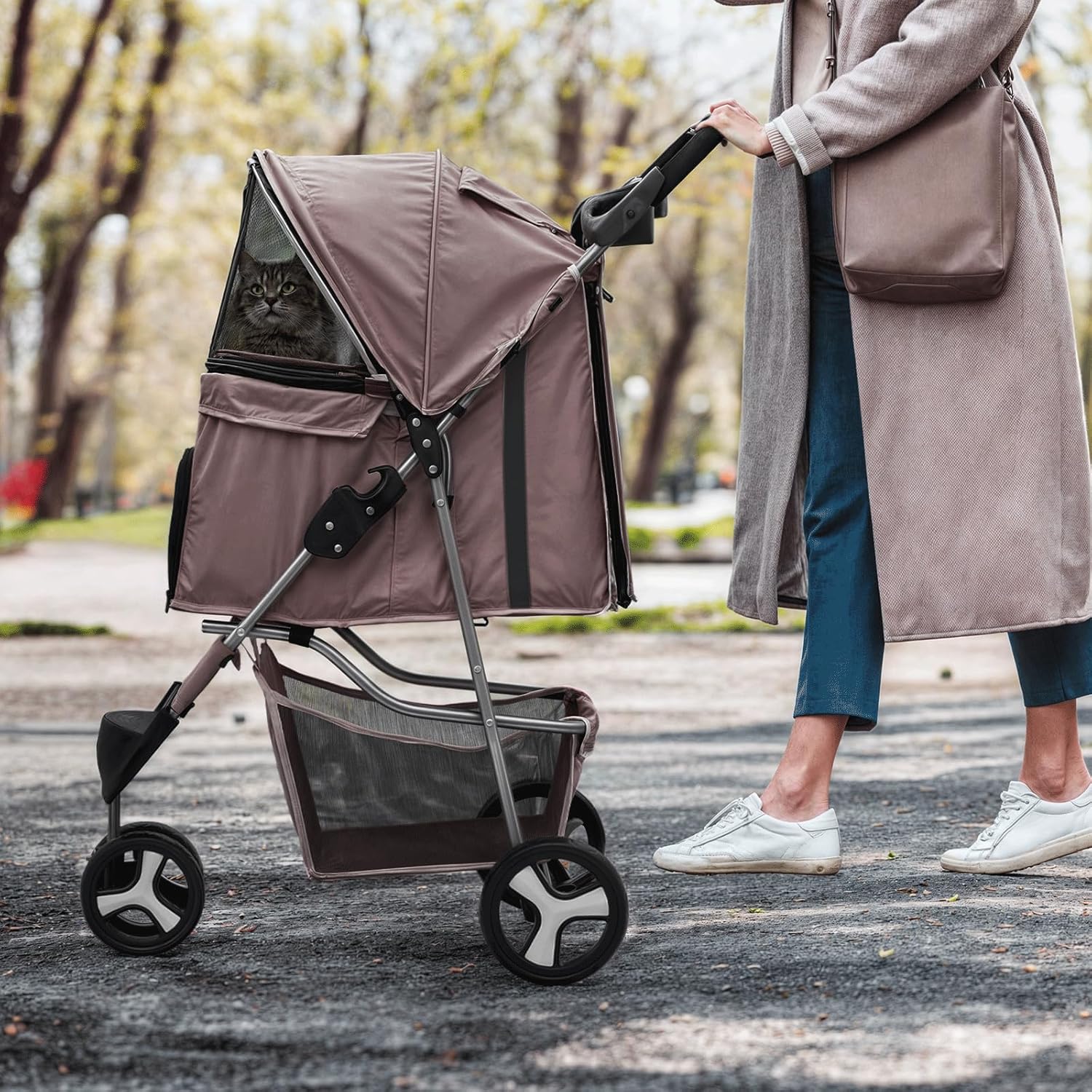 MoNiBloom Foldable Dog Strollers for Small Dogs with Weather Cover, 3 Wheels Pet Strolling Cart for Dogs and Cats with Storage Basket and Cup Holder, Breathable and Visible Mesh for All-Season, Coffee - Pawvie