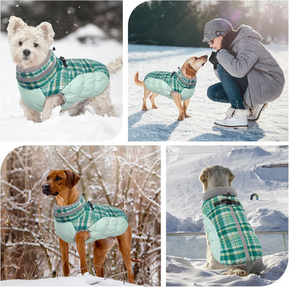 FUAMEY Dog Coat for Large Dogs,Waterproof Dog Winter Jacket with Harness Built in Puppy Cold Weather Coats Reflective Pet Vest with Zipper Warm Fleece Dogs Snowsuit Windproof Green Plaid XXXL