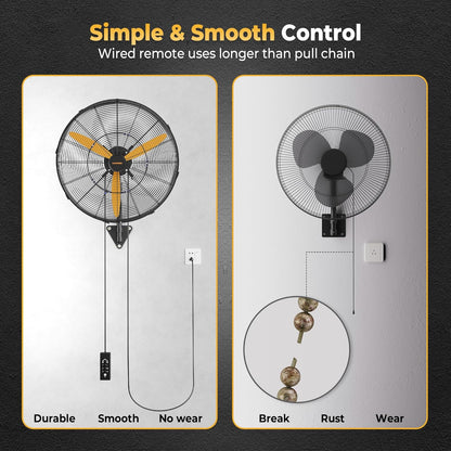 24 Inch Oscillating Misting Wall Mount Fan, Extra Long 3.9ft Wired Remote and 9.8ft Power Cord, IP44 Industrial Commercial Wall Mounted Fan for Greenhouse, Garage, Workshop, Covered Patio