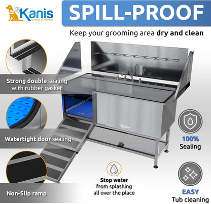 KANIS Professional Dog Washing Station - 304 Stainless Steel Pet Wash Sink & Grooming Bath Tub for Home with Ramp, Shower, Floor Grate, Storage Shelf, Faucet, Drain Kit for Large, Medium & Small Pets