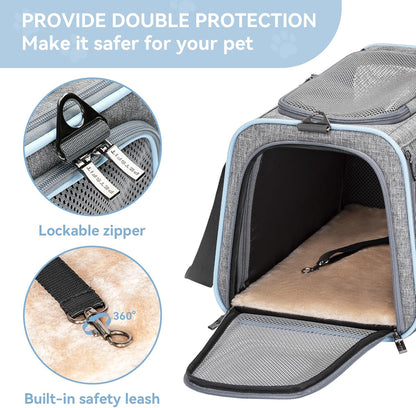 Petsfit Expandable Pet Carrier, 19x12x12 inches Soft-Sided Portable Cat Carrier Dog Carrier, with Removable Plush Mat, Locking Safety Zippers and Pockets