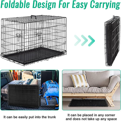 FDW Dog Crate for Large Dogs 42 Inch Folding Metal WirePet Cage Double Door W/Divider Panel Indoor Outdoor Kennel Leak-Proof Plastic Tray,Black