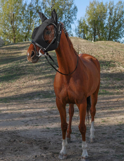 Horse Fly Mask with Ears, UV Protection for Horses, Elasticity with Big Mesh Eye Covers, Snug Fitting Comfortable Breathable Lightweight for Horses Black Full Size