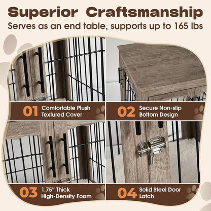 Dog Crate Furniture with Cushion, 32 inch Wooden Kennel Table with Double Doors, Indoor Dog House End Table for Small/Medium Dog, Grey (32x23x26in)