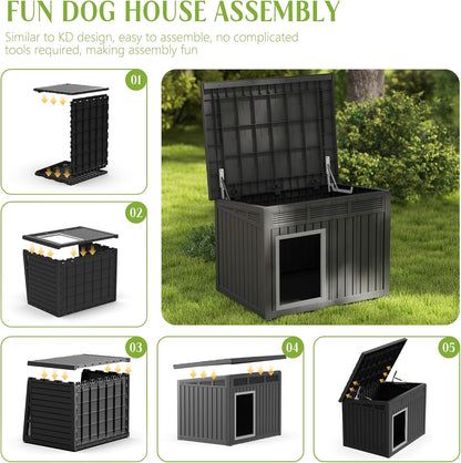 Dog House Indoor Outdoor,Resin Waterproof Puppy Shelter with Air Vents and Elevated Floor,Air Rod on Top to Open,Dog Kennel for Small to Large Dogs(Black,42.87 * 32.95 * 31.61)