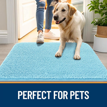 OLANLY Dog Door Mat for Muddy Paws 47x24, Absorbs Moisture and Dirt, Absorbent Non-Slip Washable Doormat, Quick Dry Chenille Mud Mat for Dogs, Entry Indoor Entryway Carpet for Inside Floor, Blue