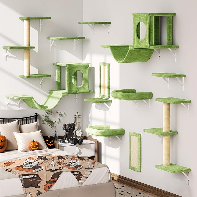 NUNU LAB Wall Mounted Cat Wall Shelves, 12-in-1 Cat Wall Climber with Condos House, Scratching Post, Bridge Ladder, Indoor Space-Saving Furniture for Kittens Play, Green