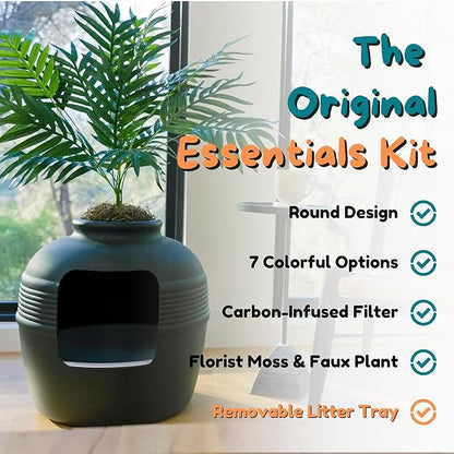 Good Pet Stuff Hidden Litter Box Planter, Decorative Cat Litter Enclosure with Carbon Filter, Artificial Plant, Easy Clean, Indoor Design, Original Round Style, Essentials Kit, Black Suede