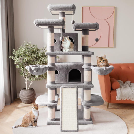 SHA CERLIN 68 Inches Multi-Level Large Cat Tree for Large Kitties/Big Cat Tower with Condo/Cozy Plush Pussycat Perches/Sisal Scratching Posts and Hammocks/Activity Center/Grey